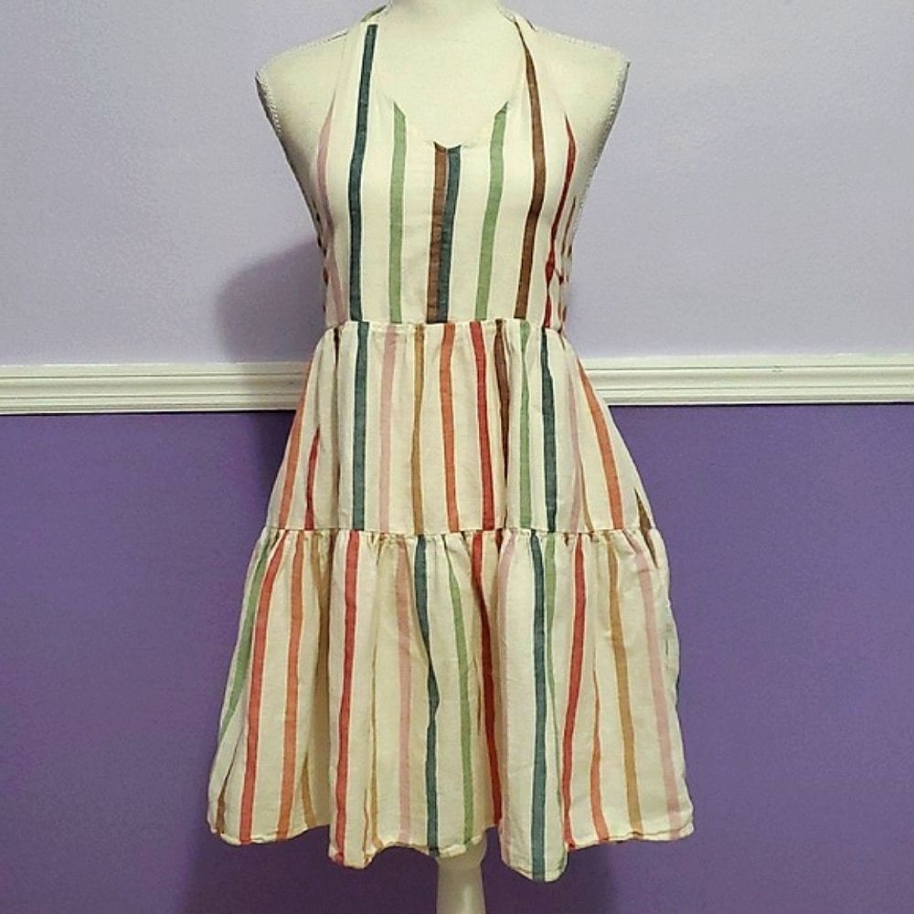 American Eagle Boho Cream Striped Halter Tiered Linen Blend Mini Dress S
